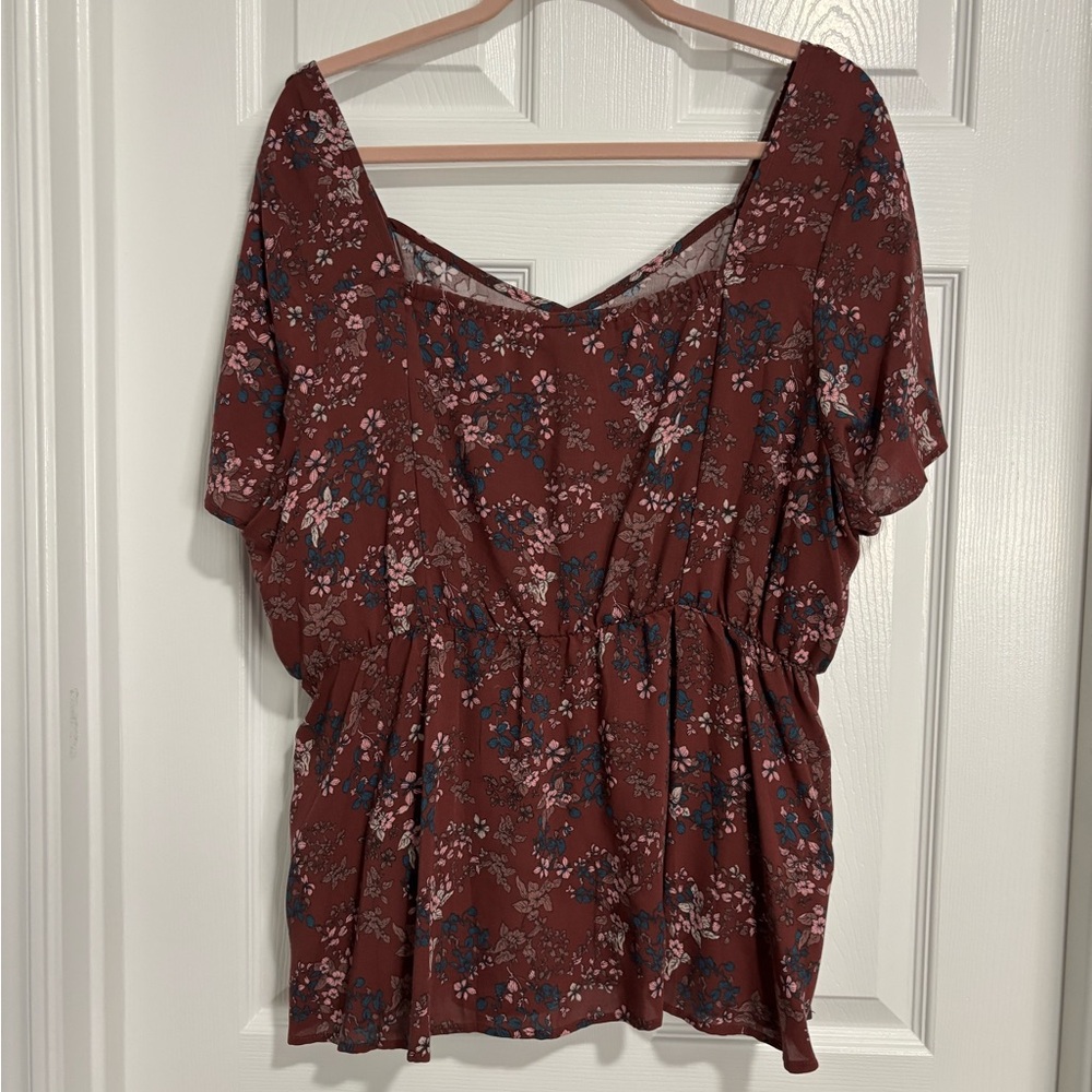 torrid Rust Floral V-Neck Flutter Sleeve Blouse with Blue and Pink Accents